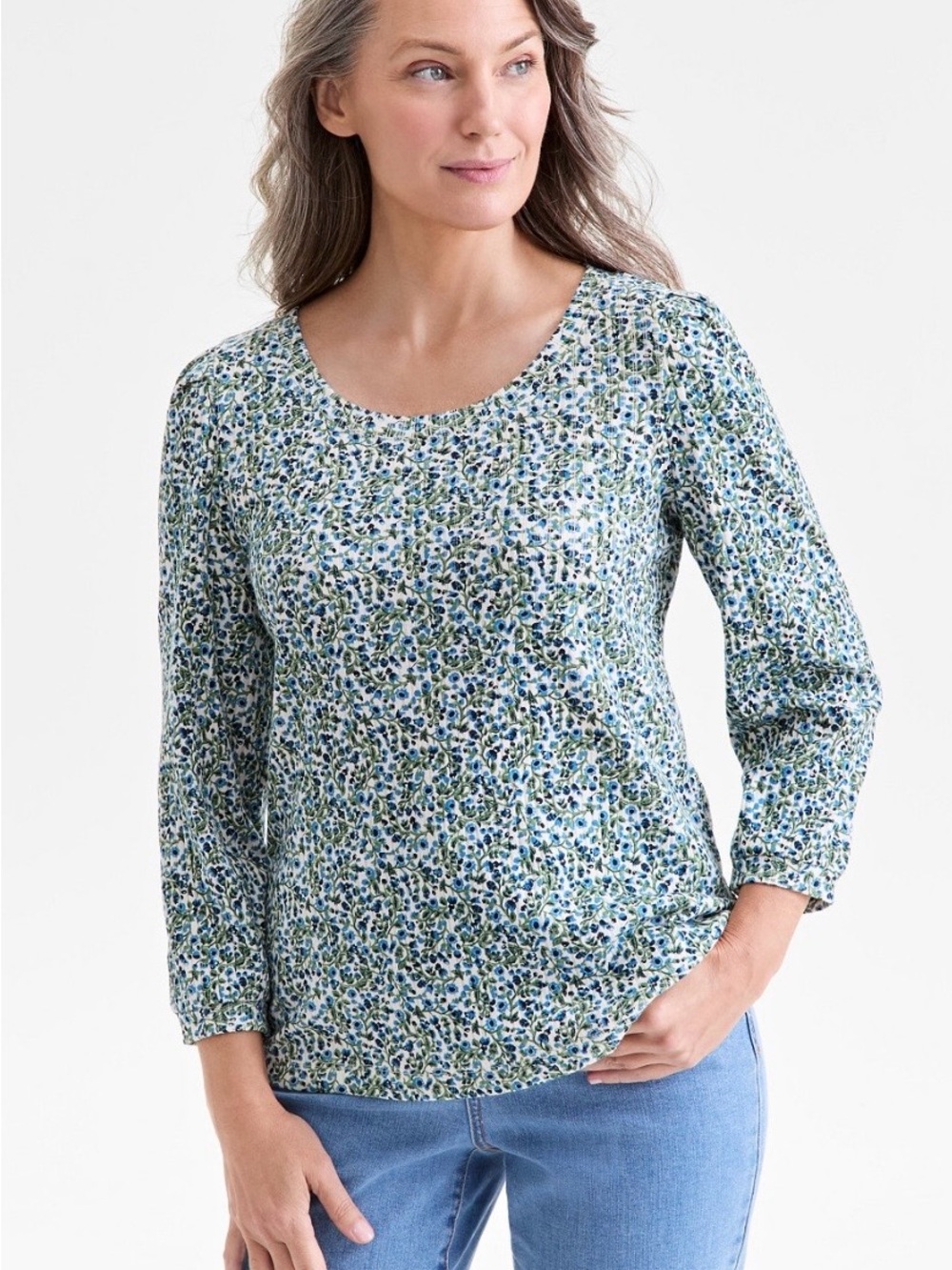 Floral Scoop Neck Long Sleeve Top - Blue/Green Style & Co 2x